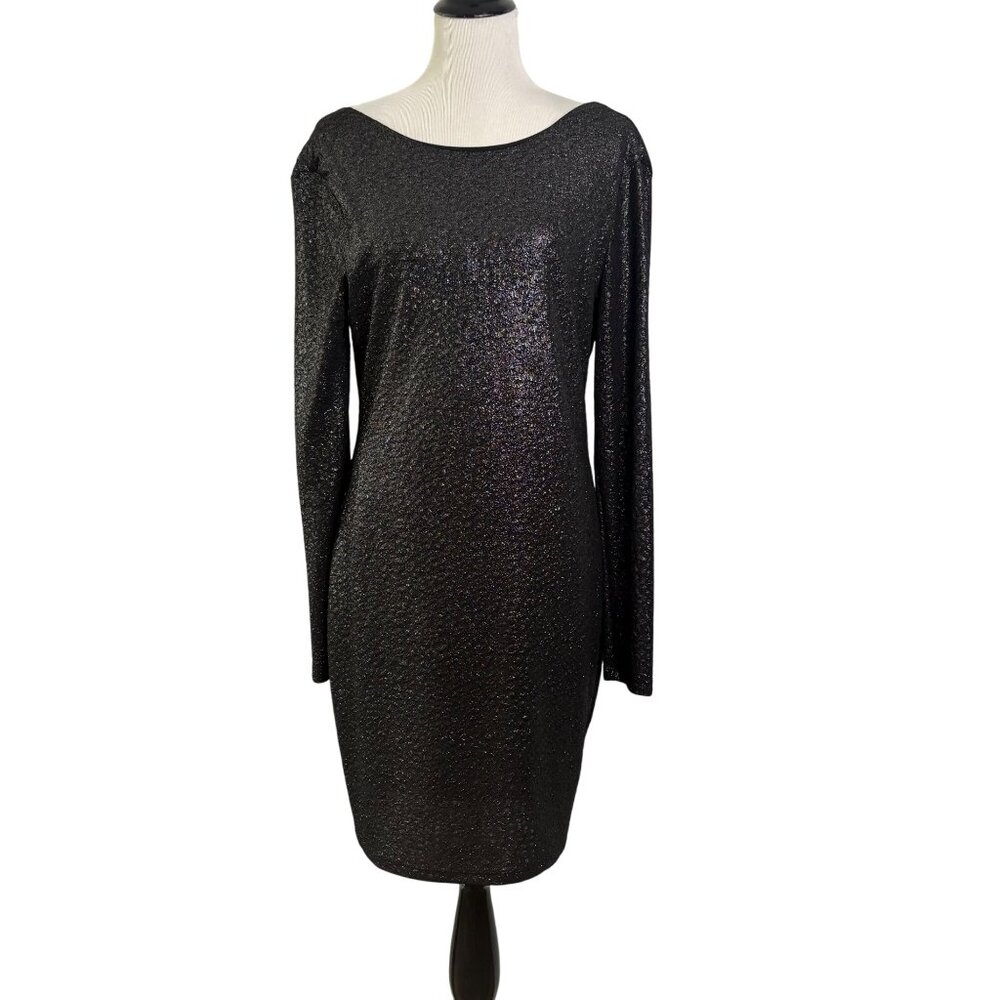 Vintage Y2K Jennifer Lopez Black Glitter Dress L Stretch Secy Slinky‎ Witchy